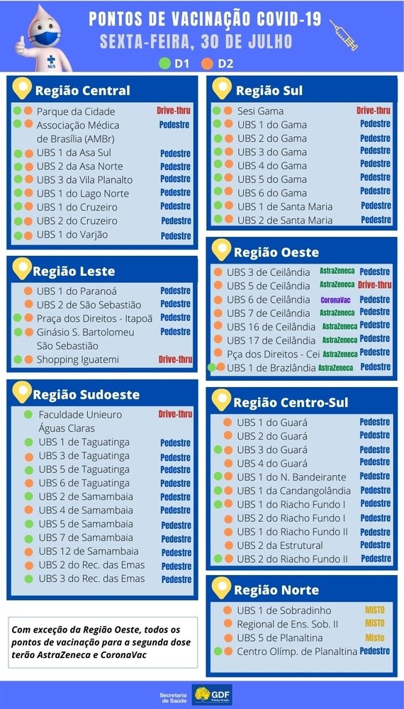 Postos de vacinação contra a covid-19 na sexta-feira (30/7) Postos de vacinação contra a covid-19 na sexta-feira (30/7)